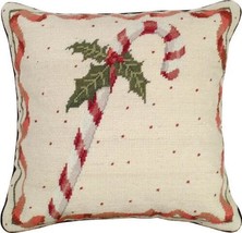 Throw Pillow Christmas Candy Cane Holly Holiday 16x16 Beige Cotton Velvet Wool - £199.03 GBP