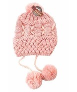 Women&#39;s Knit Hat Flannel Lined with Pom Poms Heat Saving Interior Pink - £7.10 GBP