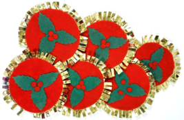 Vintage Christmas Holiday Handmade Coasters Set Of 6 Red &amp; Gold 4 in. - £7.44 GBP