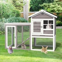 2-Story Wooden Rabbit Hutch with Running Area-Gray - Color: Gray - £221.06 GBP