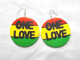 One Love Text Round Rasta Red Yellow Green Black Wooden Earrings 3&quot; Drop - £5.58 GBP