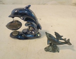 Lot Of 2 Dolphin Statue Figurine - 1 Ceramic, 1 Metal, Incense Burner - £39.85 GBP