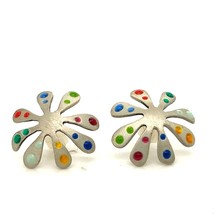 Vintage Signed Sterling Handmade Rainbow Dots Enamel Floral Shape Stud Earrings - £30.29 GBP