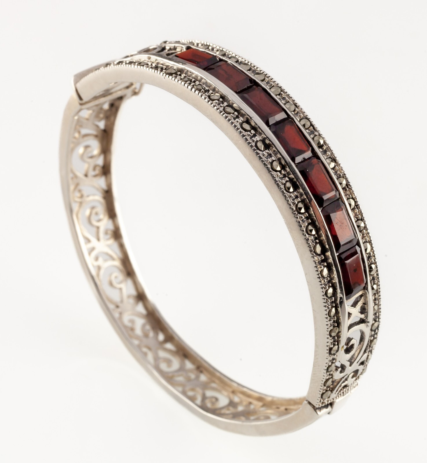 Sterling Silver Thai Bangle with Bezel Set Garnets and Marcasite Accents Item image 5
