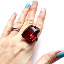 Giant Vintage Cocktail Ring Sterling Silver Red Glass Stone Size 6 - £91.00 GBP