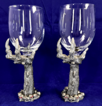 Wine Glass With Pewter Claw and Red eyes on skeleton Heads RARE and *Pre... - $92.45