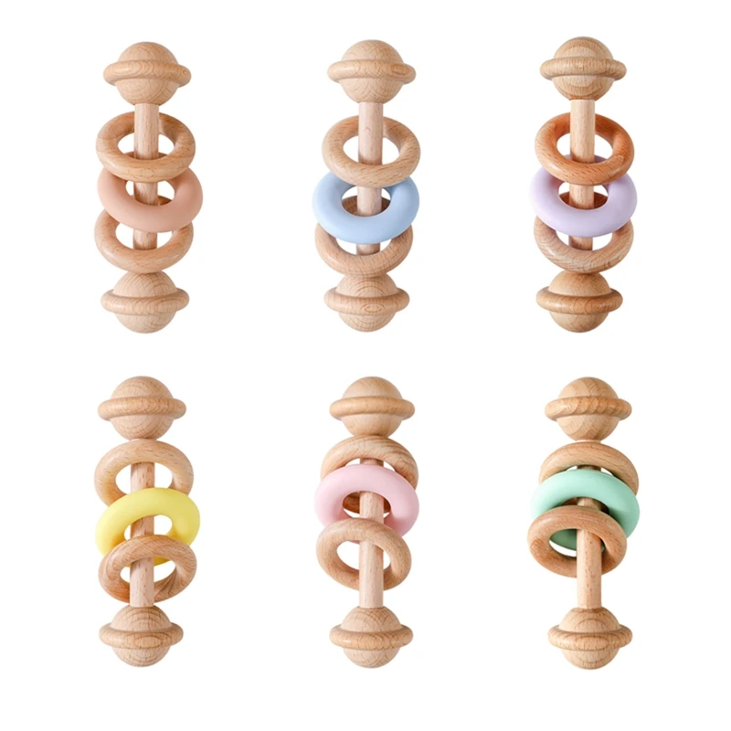 1Pc Baby Wooden Rattle Teether Toys Beech Wooden Ring Star Hand Music Rattle - £8.07 GBP+