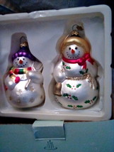 Partylite Snowman Boy and Girl Glass Christmas Ornaments P7611 in box euc - £18.68 GBP