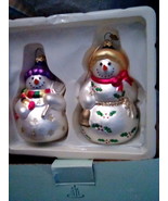 Partylite Snowman Boy and Girl Glass Christmas Ornaments P7611 in box euc - £18.27 GBP
