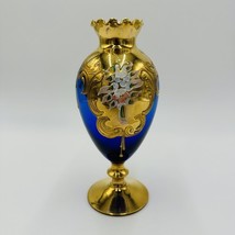 Venetian Italian Vase Cobalt Blue Ruffle Footed Gold Glass Floral Applique - $107.10