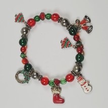 Vintage Christmas Theme Enamel Charm Stretch Bracelet Beads Colorful Holiday  - £4.63 GBP