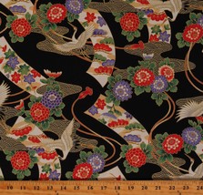 Cotton Cranes Ribbons Metallic Gold Accents Black Fabric Print by Yard D482.50 - £12.72 GBP