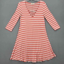 Living Doll Dress Womens S Stretch Casual Midi A-Line Orange Gray Stripe V-Neck - £8.40 GBP