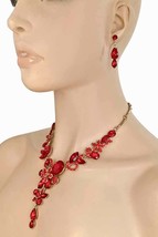 Floret Evening Wedding &quot;Y&quot; Necklace Earrings Set Red Crystals Costume Jewelry - £30.52 GBP