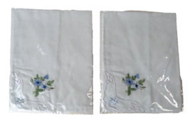 lot of 2 Hand Made Handkerchief Embroidered corners Floral blue flowers Square - £7.72 GBP