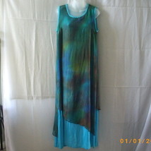 Long sleeveless silk &amp; rayon blue dress with multicoloured sheer layer, ... - $70.00