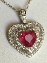 18K White Gold Over 4.85Ct Ruby &amp; Baguette Diamond Heart Pendant Without Chain - £81.85 GBP