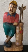 16&quot; VINTAGE CARVED solid WOOD PAINTED GOLFER WITH GOLF BAG CLUBS FIGURINE - £31.46 GBP