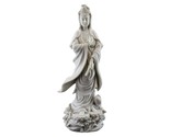 KWAN YIN ON LOTUS PEDESTAL STATUE 12.5&quot; Buddhist Goddess White Marble Re... - $69.95