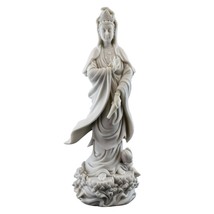 KWAN YIN ON LOTUS PEDESTAL STATUE 12.5&quot; Buddhist Goddess White Marble Re... - $69.95