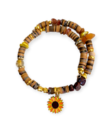 Brown and Gold-Tone Beaded Charm Bracelet: Sunflower and Stones - $40.89 CAD