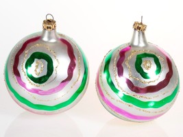 Vintage Pair Glass Christmas Ornaments - Green and Purple on Silver Ball - £11.21 GBP