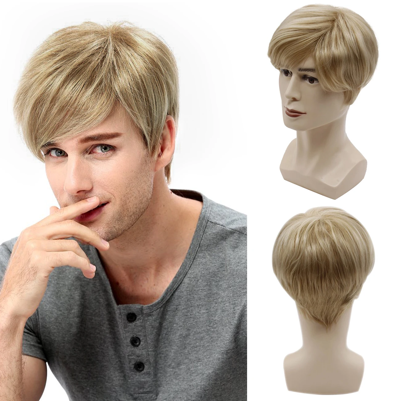 BCHR Short Mens Blonde Wig Straight Synthetic Wig for Male Hair Fleecine - £9.45 GBP