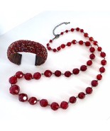Vintage Red Glass Crystals Necklace and Beaded Bracelet Handmade Set - £23.55 GBP