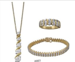 Diamond Accent Pendant Bracelet & Ring Set Gold/Silver Size 6 Two-Tone 16 karat - £68.50 GBP