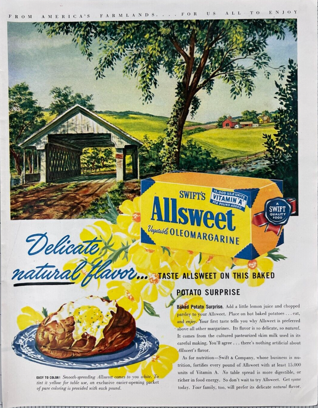 Swift's Allsweet  1948 Magazine Print Ad Vegetable Oleomargarine Delicate Flavor - $14.45