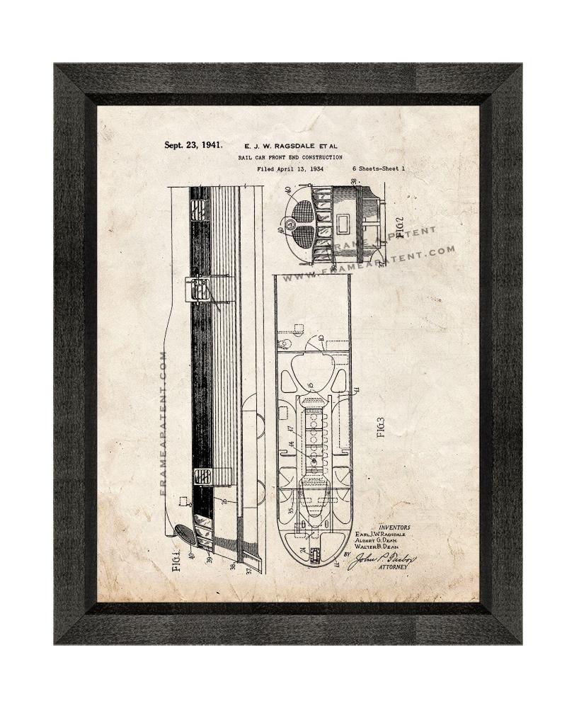 Rail Car Front End Construction Patent Print Old Look with Beveled Wood Frame