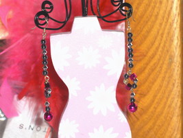 Black and Pink Bead Dangle Earrings Sterling Silver - $14.97