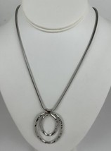 Necklace Silver Tone Herringbone Chain Hammered Double Oval Pendant Ext. 1.5&quot; - £6.14 GBP