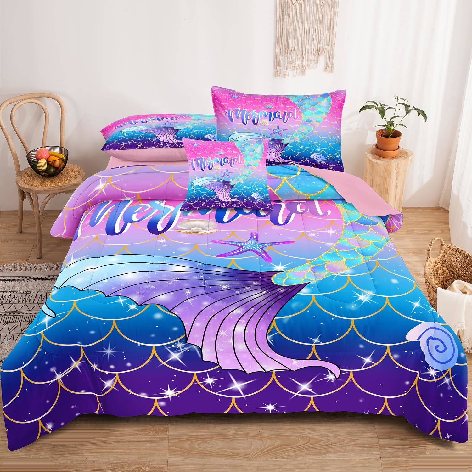 6Pcs Mermaid Bedding Set Queen Size For Girls Glitter Bed In A Bag For Girls Col