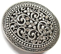 Open Scroll Silver Tone Belt Buckle w Rhinestones  - £35.59 GBP