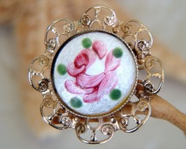 Vintage Guilloche Enamel Hand Painted Rose Flower Pin Brooch Filigree - £15.60 GBP