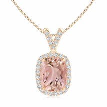 ANGARA Cushion Morganite Halo V-Bale Pendant with Diamonds in 14K Solid Gold - £1,553.88 GBP