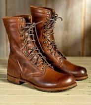 Men&#39;s Handmade Brown Leather Military Boots, Men&#39;s High Ankle Combat Boots - £125.85 GBP+