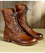 Men&#39;s Handmade Brown Leather Military Boots, Men&#39;s High Ankle Combat Boots - £125.85 GBP+