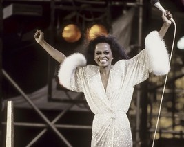 Diana Ross in white sequined dress triumphant arms in air in concert 8x10  Photo - $10.99