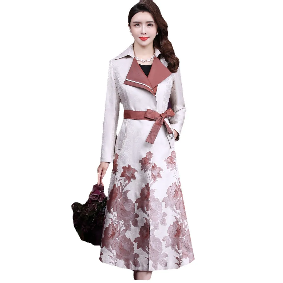 Spring Autumn  Vintage Jacquard High Waisted Long Trench Coat Fall Woman es Flow - £227.43 GBP
