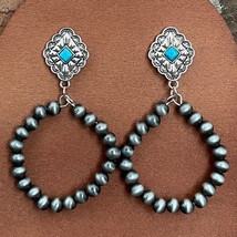 New Boutique Faux Navajo Style Pearl Hoop Concho Drop Earrings Western C... - $19.99