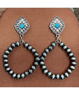 New Boutique Faux Navajo Style Pearl Hoop Concho Drop Earrings Western C... - $27.34 CAD