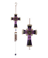 Purple Floral Scroll Hearts Christian Cross Art Glass Metal Resonant Win... - €26,04 EUR