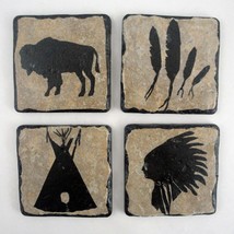 4 Western Stone Coasters Hand Painted Silhouette Buffalo Teepee Feather Chief - $27.44