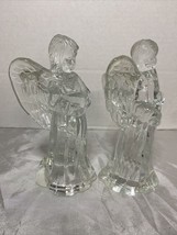 Set Of 2 Glass Angel Candle Stick Holders 6.5&quot; - Reading Book &amp; Playing Horn - £11.79 GBP