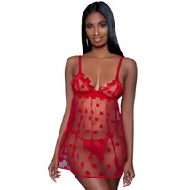 Hearts Babydoll Sheer Mesh Ruffle Cups Trim V Neck Panty Set Red 2032 Large - £28.81 GBP