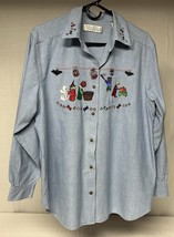 Karen Scott Women’s Denim Long Sleeve Shirt Blouse Halloween Embroidered... - $359.09 MXN