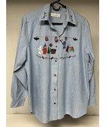 Karen Scott Women’s Denim Long Sleeve Shirt Blouse Halloween Embroidered... - $356.49 MXN