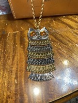 Vintage large Owl Jewelry gold-tone and pewter owl necklace 21” chain Pa... - $29.70